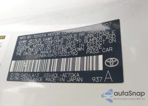 2007 Toyota Camry Xle V6 z USA, uszkodzony, nr VIN JTNBK46K573023782